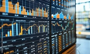 Close-up of a computer screen displaying multiple stock market charts and data.