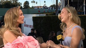 Brie Larson fangirls over Jennifer Lopez on the red carpet with ET's Kevin Frazier at the 2024 Golden Globe Awards, airing on CBS. | Entertainment Tonight