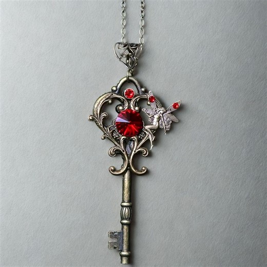 Witch Key Necklace With Red Crystal, Gothic Fairy Vintage Key Pendant With Butterfly Charm, Witchcore Boho Jewelry for Women - Etsy