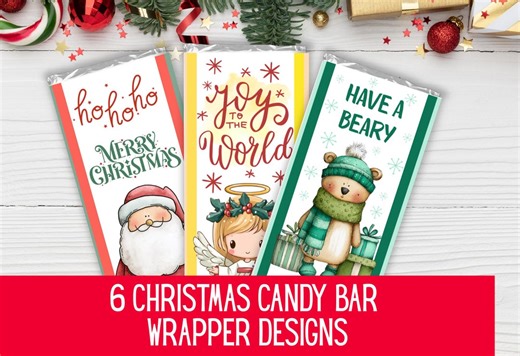 6 Christmas Candy Bar Wrappers, Printable Chocolate Labels, Holiday Favors for Kids and Adults, Santa, Angel, Snowman, Penguin, Gnome & Bear - Etsy