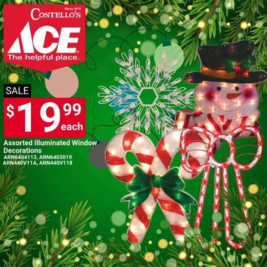 ✨ Brighten Your Windows for the Holidays! ✨ Costello’s Ace Hardware has Assorted Illuminated Window Decorations — just $19.99 each! Perfect for adding a festive glow to your home, inside and out. ✨ Make every window shine this holiday season! ✨ #CostellosAceHardware #AceHardware #HolidayDecor #WindowDecorations #FestiveGlow #ChristmasDecor #LightUpTheSeason #ShopLocal #HolidayCheer | Costello's Ace Hardware | Facebook