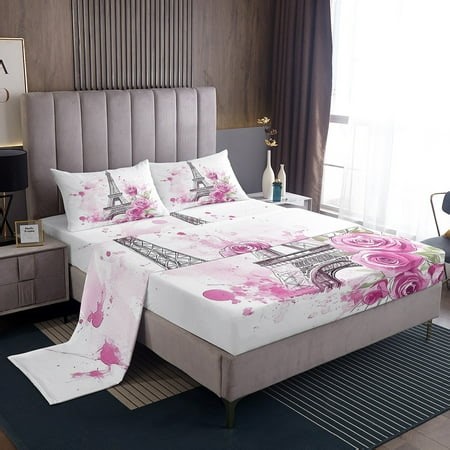 Eiffel Tower Sheets Pink Rose Flowers Twin Bed Sheets Set for Kids Boys Girls Teens,Paris Roses Sheet Set White Pink Ink Elegant Bed Set for Room Decor - Walmart.ca