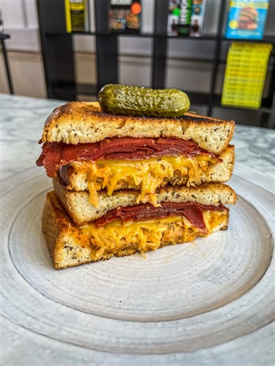 474K views · 2.1K reactions | We've veganised an absolute classic deli sandwich, the Reuben! This really is the real deal; salty and peppery pastrami, creamy and tangy Russian dressing, sharp and zingy sauerkraut between two lovely chunks of rye bread all with the meltiest of vegan cheese…what more could you want. An instant classic! Full recipe: https://www.bosh.tv/recipes/vegan-reuben-sandwich | Bosh | Facebook