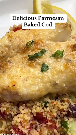 Parmesan Encrusted Baked Cod Pat cod dry and cut into filets Season with Salt and Pepper Mix about a cup of mayonnaise with garlic powder and paprika. Coat both sides of cod with mixture. Dip each side in freshly grated Parmesan. Bake at 400° for 15-20 minutes or until internal temp is 145° #creatorsearchinsights #bakedfishrecipe #bakedcod #easydinner #codrecipe #bakedfish #famousfoodfinds