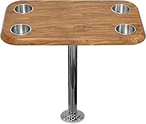 Teak Boat Table Top Set w/ Secure Mounting Hardware – Pontoon Boat Table Set w/ Heavy-Duty Flat Mount Head, Durable 304 Stainless Steel Stand Post & Cup Holders - Compact, Easy to Install & Remove