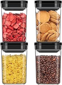 MR.SIGA 4 Pack Airtight Food Storage Container Set, BPA Free Kitchen Pantry Organization Canisters, One-handed Airtight Cereal Snack Candy Storage Containers, 1 L / 34oz, Medium, Black