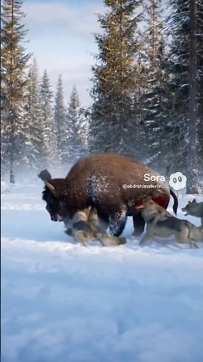 ​❄️ Epic Winter Showdown: Lone Bison Fights Off a Vicious Wolf Pack in the Snow