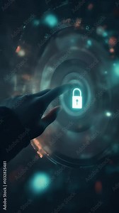 Software developer activates a security protocol on a holographic interface, showcasing advanced cyber technology and data protection
