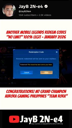 No Limit Mobile Legends Redeem Code January 25, 2026 - Congratulations M7 Grand Champion Team RORA