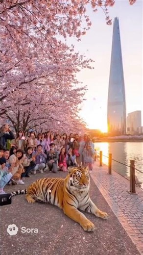 Spring at Seokchon Lake: Group Photo with the Tiger #다나이드aitv #sora2 #호랑이 #석촌호수 # 벚꽃