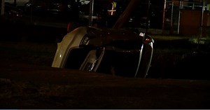 A rollover crash damages an electric pole in east El Paso