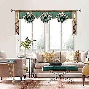 Green Velvet Waterfall Valance Rod Pocket Fit for Floral Jacquard Luxury European Curtain Drapes Window Treatments Valance Swag for Living Room 1 Panel, W98 Inch
