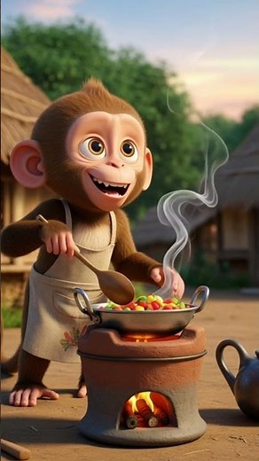 Baby Monkey Chef – The Cutest Village Story 🍲🐒✨ #cooking #monkey #ai #village #baby