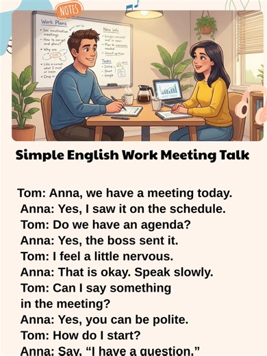 Simple English Work Meeting Talk #learnenglish #englishconversation #spokenenglish #dailyenglish Meetings can feel scary, but simple English can help a lot. 😊 In this video, Tom and Anna practice easy English for a work meeting. 💼📋 This conversation is perfect for A1–A2 learners. You will learn polite phrases like “Can I say something?” and “I have a question.” ✨ These sentences are very useful at work. 📚💬 The dialogue is slow, friendly, and easy to follow. 🎧 Don’t be afraid to speak Engli