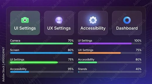 Dashboard displaying UI settings, UX settings, and accessibility options with progress bars.