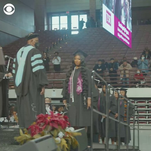 "MEG THEE GRADUATE": Rapper Megan Thee Stallion graduated from Texas Southern University on Saturday with a bachelor's degree in health administration. "I know my parents are looking down on me so proud," she wrote on Instagram. | CBS News
