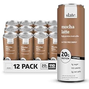 Slate Milk - High Protein Iced Coffee - Mocha Latte - 175mg Caffeine, Lactose Free Energy - 20g Protein, 1g Sugar, 100 Calories, 3g Net Carbs, No Sugar Added - Protein Coffee - 11 fl oz, 12 Cans