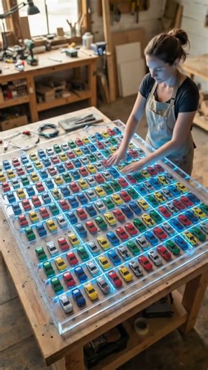 The Most Satisfying Symmetry! 🚗 Building a $15,000 Toy Car Grid Table with Neon Glow!#shorts