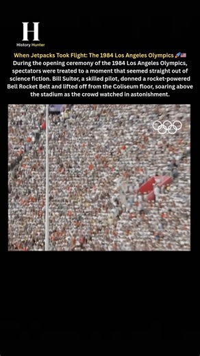 The History Hunter on Instagram: "During the opening ceremony of the 1984 Los Angeles Olympics, spectators were treated to a moment that seemed straight out of science fiction. Bill Suitor, a skilled pilot, donned a rocket-powered Bell Rocket Belt and lifted off from the Coliseum floor, soaring above the stadium as the crowd watched in astonishment. What looked like a stunt from a futuristic movie was real — a demonstration of human ingenuity and engineering on a global stage. The Bell Rocket Be