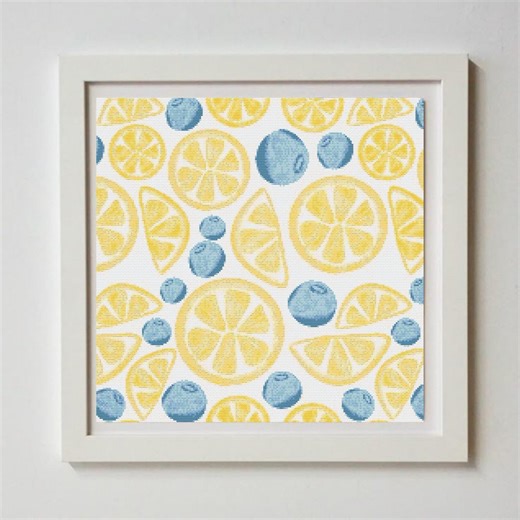 Lemon Blueberry Cross Stitch Pattern, Summer Kitchen Decor, Fruit Embroidery Art - Etsy