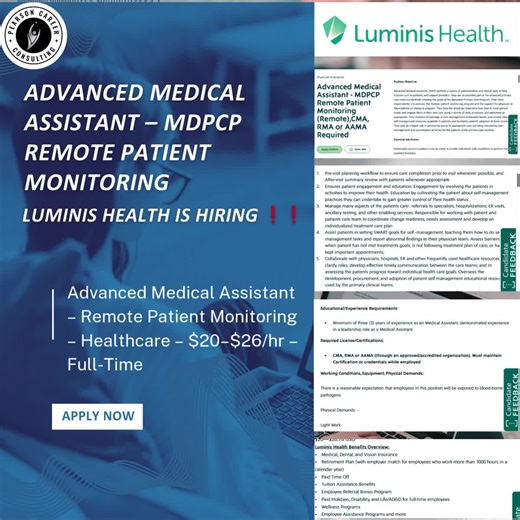 Advanced Medical Assistant – MDPCP Remote Patient Monitoring 📌 Luminis Health is HIRING ❗❗ 📍 Location: Annapolis, Maryland 💼 Type: Full-Time — Day Shift 💰 Pay: $20 – $26.78 per hour 📩 Apply Here: https://www.luminishealthcareers.org/job/-/-/45871/88432115520?eresc=LinkedIn