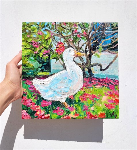 Duck and Magnolia Tree Oil Painting Original Art Impasto Bird Artwork 10x10 Animal Wall Art - Etsy