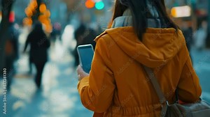 A woman walks down the street holding her cell phone, probably checking messages or making a call