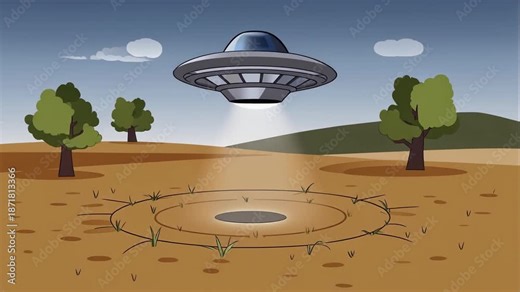 Cartoon illustration of a classic flying saucer UFO hovering above an arid field creating a circular landing mark depicting alien abduction and mysterious extraterrestrial encounter