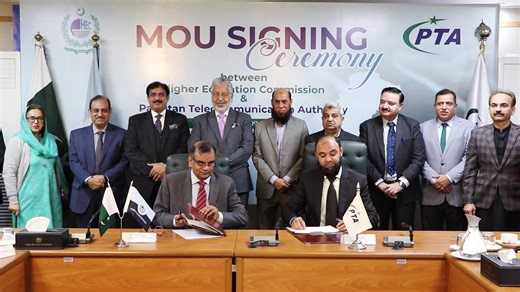 The Higher Education Commission and Pakistan Telecommunications Authority (PTA) signed an MoU today to enhance collaboration in various areas including joint R&D activities, curriculum development for ICT subjects, academia-industry linkages, capacity building and curbing the misuse of media and increasing awareness regarding its effective use in the higher education sector. The ceremony was attended by Chairman HEC Dr. Mukhtar Ahmed, Chairman PTA Maj. Gen. (R) Hafeez Ur Rehman, Executive Direct