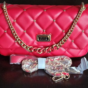 Badgley Mischka crossbody shoulder bag red quilted purse with gold tone hardware