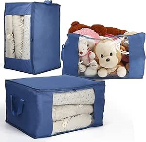 VOOWO 3 Pack Blanket Storage Bag, Oxford Comforter Storage Bag, 100L Large Quilt Storage Bag for Clothes, Blanket, Comforter and Bedding, Waterproof Moving Bag, Under Bed Storage Bag (Blue)