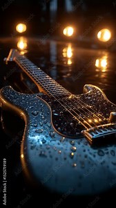 Electric guitar with water droplets under stage lights creating atmospheric music scene