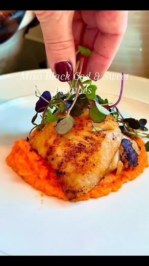 Miso marinated black cod over sweet potato is everything you need…delicious, date night worthy, and easy. Note: for best results marinate the fish a day ahead. Roasting the sweet potato ahead saves time too. Recipe: 1 lb fresh black cod, deboned 1/4 cup sake 2 tablespoons mirin 2 tablespoons sugar 2 tablespoons soy sauce 1/3 cup white miso paste 1 large sweet potato ahead 1/4 cup room temperature unsalted butter (grass fed) 2 tsp @maldonsalt Microgreens 1. Roasted sweet potato and remove skin. 2
