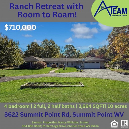 Discover your peaceful country retreat! This 3,664 sq. ft. ranch offers 4 bedrooms, 2 full & 2 half baths—all on one level. Enjoy a granite-topped kitchen, cozy brick fireplace, and spacious rec room with wood stove. Outside, unwind by the pool or on dual patios surrounded by gardens and trees. With attached & detached garages plus a powered barn, there’s space for everything—and nature right at your doorstep. 🌿🏡 Call Kristie Edwards, Salesperson with The A Team at Samson Properties, 304-270-6