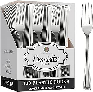 Exquisite Silver Plastic Forks Heavy Duty 120 Pieces Silver Plastic Silverware Heavy Duty Disposable Silverware Set, Disposable Forks Eating Utensils Sets Flatware Set For Parties & Events