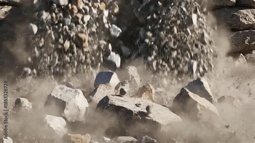 Massive Rock Fragment Falling and Exploding into Smaller Pieces with Dust Cloud