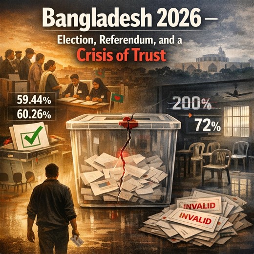 Bangladesh 2026 — Election and a Crisis of Trust On 12 February 2026, Bangladesh held its 13th parliamentary election alongside a constitutional referendum. Official turnout was reported at nearly 60%. The Bangladesh Nationalist Party secured a majority, and the referendum passed. But questions persist. In Rajshahi–4, turnout was initially reported above 200% before being revised to 72%, raising concerns about data accuracy. Social media also circulated images of quiet polling stations and claim