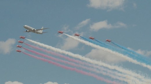 The flying display is go! The RAF Red Arrows have kicked things off with this great flypast with a Poseidon MRA1 from RAF Lossiemouth! | The Royal International Air Tattoo
