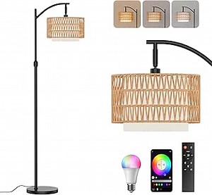 Boho Floor Lamp - Arched Floor Lamps for Living Room, Farmhouse Floor Lamp with 3 Color Temperature Black Standing Lamp with Rattan & Fabric Double Shade Bohemian Rattan Floor Lamps for Bedroom Office