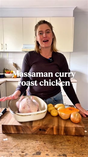 Massaman curry roast chicken recipe👇🏼 The beautiful chopping board I am using is by @wildwoodchoppingboards Ingredients: 250g potatoes 1/2 butternut pumpkin 1 brown onion 1 bunch broccolini 80g massaman curry paste 200ml coconut milk 1.8-2kg whole chicken What to do: 1. Preheat the oven to 190degrees Celsius. 2. Prepare vegetables. Add chicken into roasting tray. 3. Rub 40g curry paste all over the chicken. 4. Combine the remaining curry paste with 200ml coconut milk. 5. Pour the mixture into 