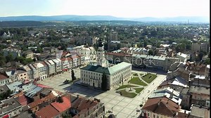 City center of Drohobych, Ukraine. Aerial photography of the city hall in the historical and cultural center of Drohobych, panoramic view of the city.