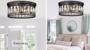 Crystal Flush Mount Ceiling Light, Contemporary Ceiling Lighting Fixture, E12 3-Lights Industrial Close to Ceiling Lighting for Bedroom, Living Room, Kitchen Island (Black)