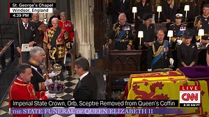 The Crown Jeweller removes the Imperial State Crown and the Orb and Sceptre from Queen Elizabeth II's coffin ahead of the final hymn during the committal service at St. George’s Chapel. https://cnn.it/3DBz2cj | CNN International