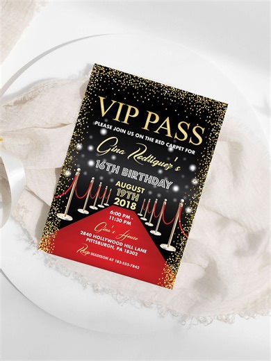 Hollywood Birthday Invitation: Red Carpet VIP Pass Sweet 16 Party (editable Template) - Etsy