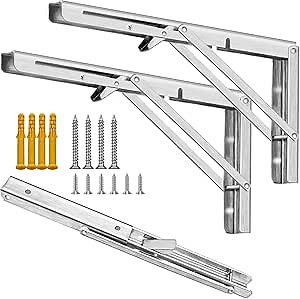 10 Inch Folding Shelf Brackets Heavy Duty Stainless Steel Collapsible Shelf Bracket Max Load 300lbs, Wall Mounted Shelf Hinges for DIY Space Saving Table Work Bench, 2 Pcs