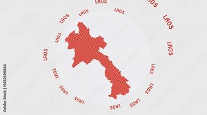 Laos shape with dynamic circles visual effect. Animation of Laos logo appearing from rotating rings and the country name around the shape. Intro, opening, closing, logo video.