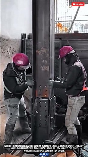 Worker Construction Innovation Makes Steel Pillar Job Easy Work with Laser Alignment