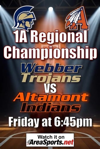 TONIGHT IS SPOTLIGHT GAME Several Area Boys Regional Championships will be played TONIGHT. Randy & Ron of AreaSports.net will be Live in Altamont to Broadcast/Stream the 1A Championship between the Webber Trojans and the Altamont Indians. Fisher Overstreet will be joining us behind the camera. Billy Rockett will also join us with more stats and commentary. YOU CAN WATCH THE GAME FOR FREE on our website AreaSports.net as well as on our YouTube page. It should be an outstanding basketball game. We