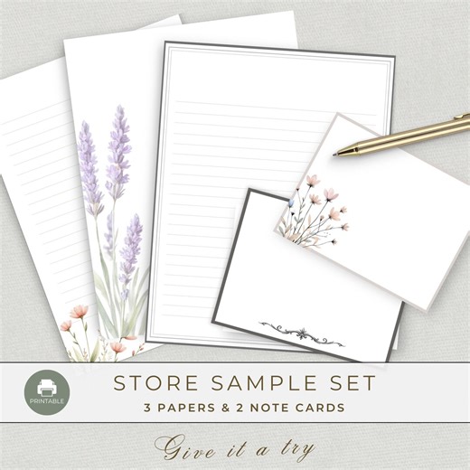 Printable Stationery Sample Set – Digital Papers & Note Cards, Floral Writing Paper, Try Before You Buy - Etsy