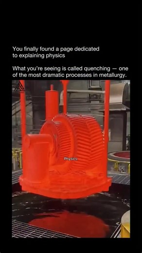 Physics Uncovered on Instagram: "What you’re seeing is called quenching — one of the most dramatic processes in metallurgy. A piece of metal, glowing red-hot from being freshly forged, is plunged into water to cool and solidify. This rapid cooling forces the outer layers to contract faster than the inside, creating enormous thermal stress. 💥 At first, the surface is so hot that water instantly vaporizes, forming a layer of steam — the Leidenfrost effect — briefly insulating the metal. Once it c